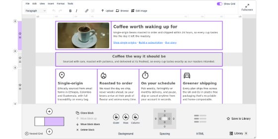 Blk42 Bootstrap grid editor in TinyMCE with the grid shown
